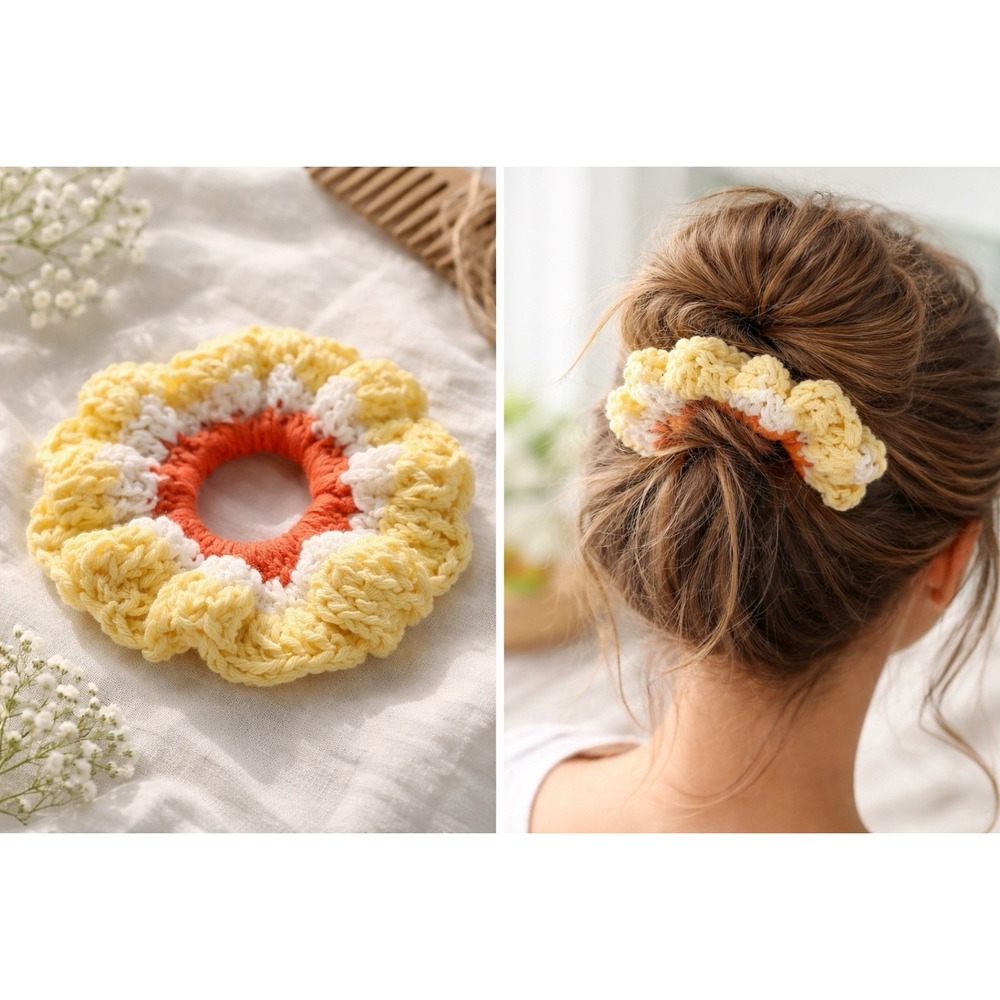 Handmade Crochet Scrunchie Boho Hair Tie Soft Cotton Elastic Yellow White Orange